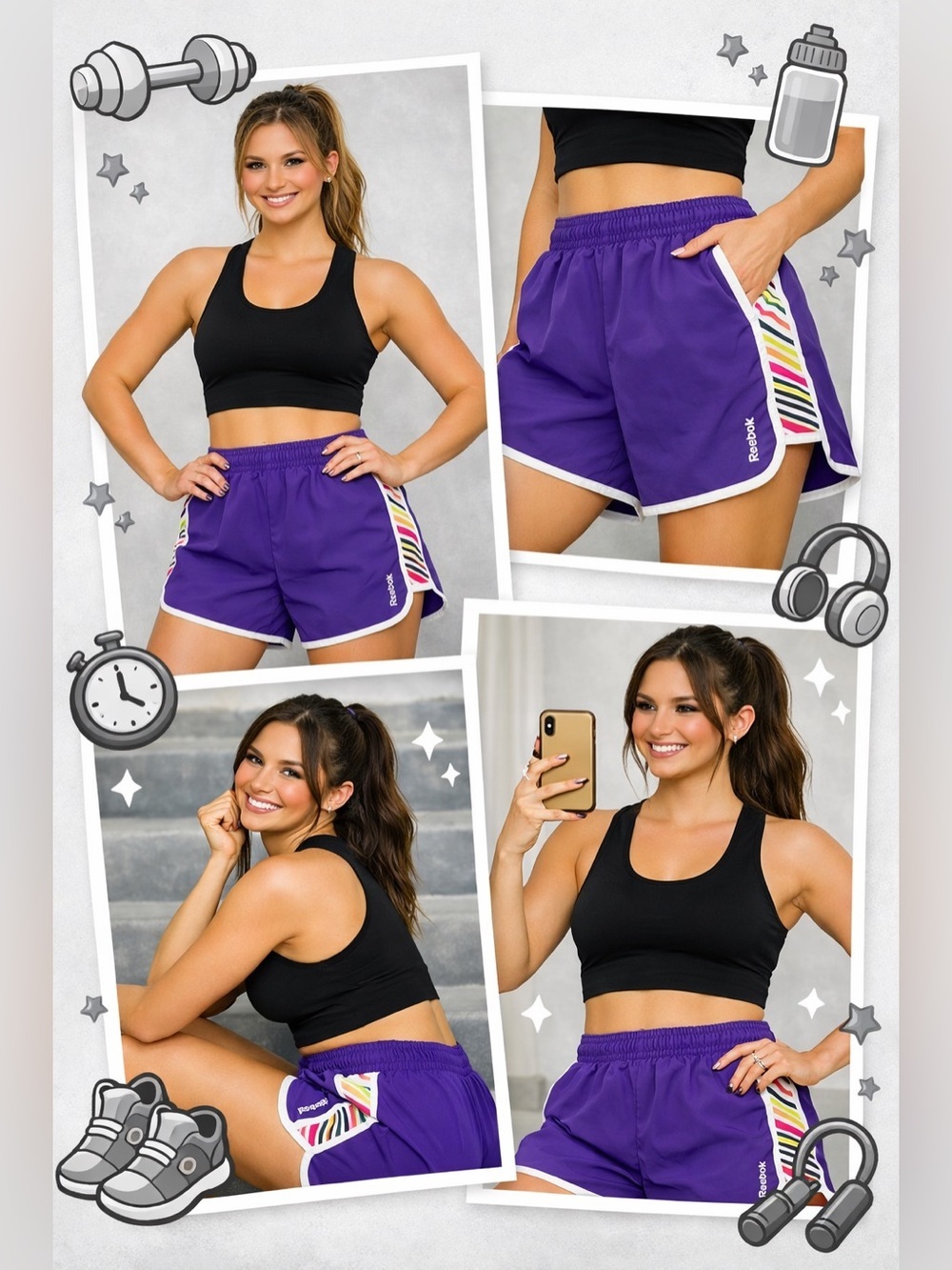 Reebok Purple Athletic Shorts with White Trim and Multicolor Side Panels
